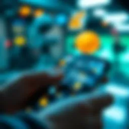 A futuristic mobile device displaying cryptocurrency transactions