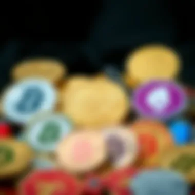 A conceptual illustration of cryptocurrency tokens with diverse colors and designs