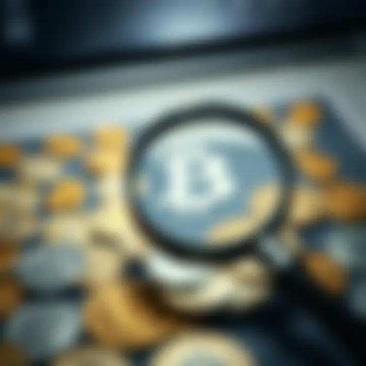 Analyzing Cryptocurrency Risks Illustration of a magnifying glass over cryptocurrency symbols