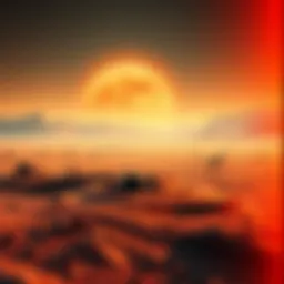 Illustration of a futuristic Martian landscape with cryptocurrency symbols