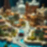 A detailed graphical representation of a virtual real estate game environment, showcasing diverse landscapes and structures.