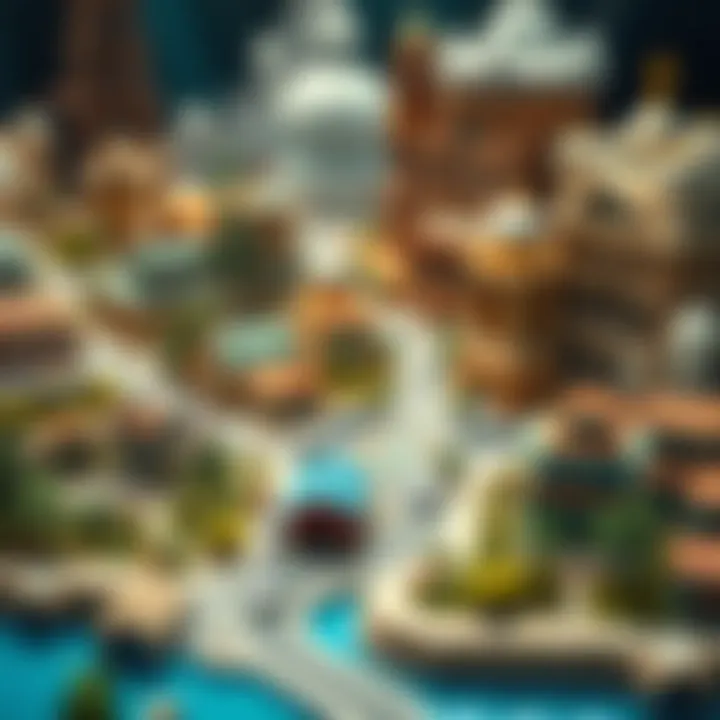 A detailed graphical representation of a virtual real estate game environment, showcasing diverse landscapes and structures.