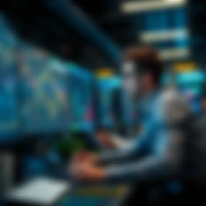 Strategic Trading in Cryptocurrency A trader analyzing data on multiple screens