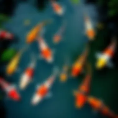 A vibrant koi pond showcasing different koi varieties