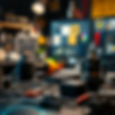 Tools for Crafting Unique NFTs A creative workspace filled with digital tools used for NFT creation.