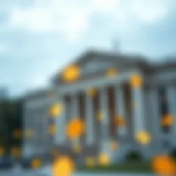 Illustration of SEC building with cryptocurrency symbols