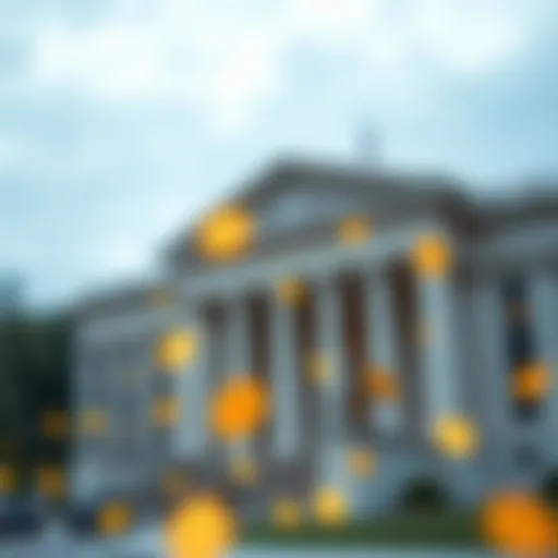 Illustration of SEC building with cryptocurrency symbols