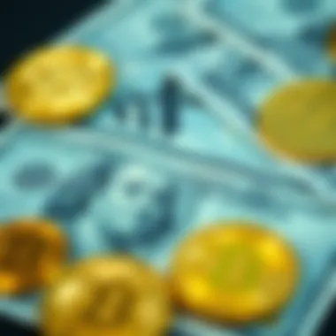 USD banknotes with cryptocurrency symbols